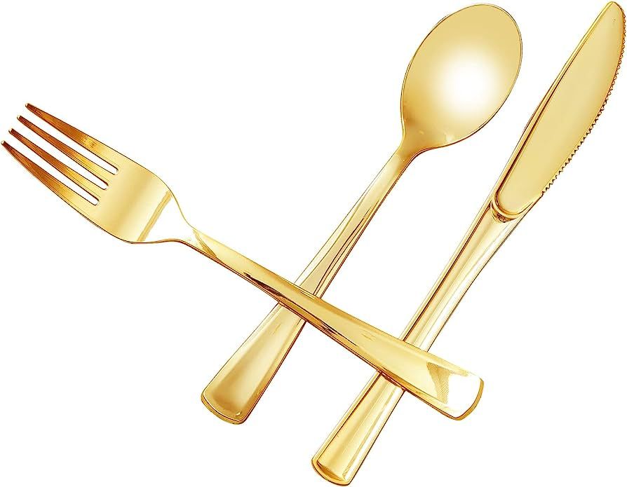 N9R 100PCS Gold Plastic Silverware - Gold Plastic Cutlery Set Disposable Flatware Dinnerware -50 ... | Amazon (US)