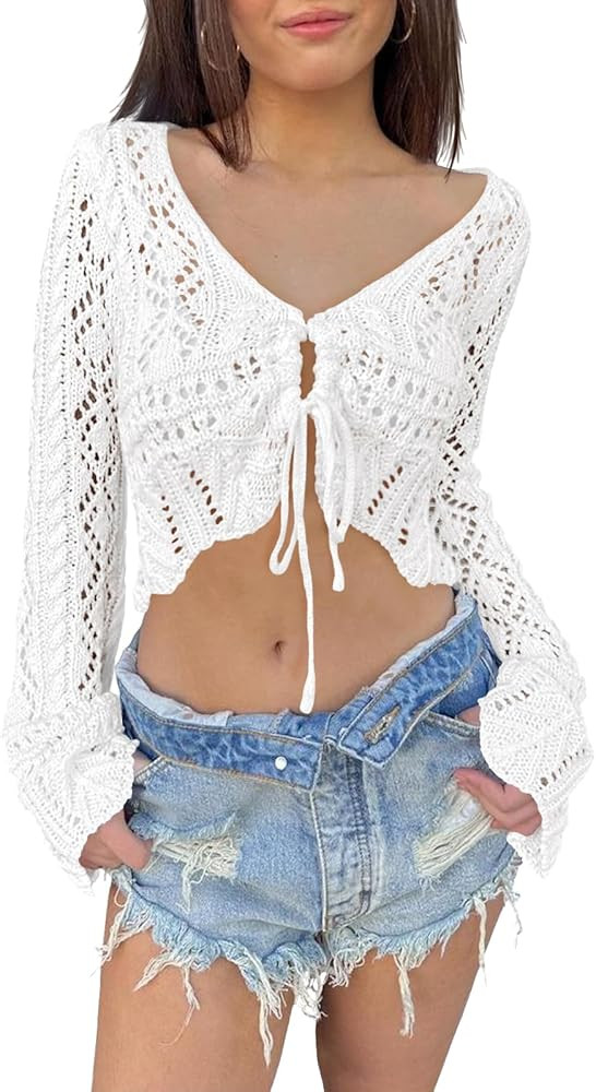 Saodimallsu Womens Crochet Crop Tops Tie Front Bell Long Sleeve Cardigan V Neck Lightweight Knit ... | Amazon (US)