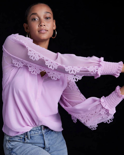 Laser Cut Ruffle Sleeve Blouse | White House Black Market