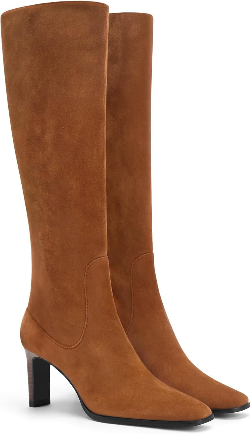 Coutgo Knee High Boots Women Square Toe Chunky Heel Zipper Dress Tall Boots | Amazon (US)
