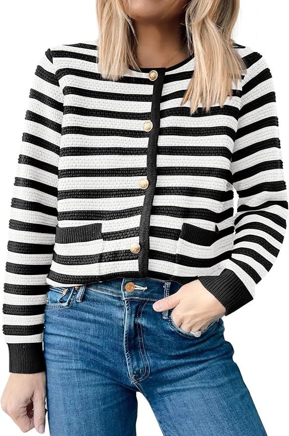 ANRABESS Women's Cardigan Sweaters 2024 Trendy Button Down Tweed Knit Cropped Lady Jackets Coat F... | Amazon (US)