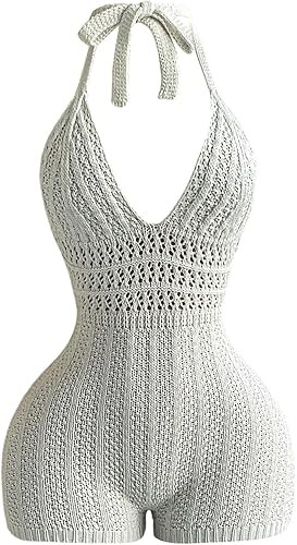 WDIRARA Women's Boho Hollow Out Tie Backless Halter Jumpsuits Deep V Neck Knit One Piece Romper | Amazon (US)