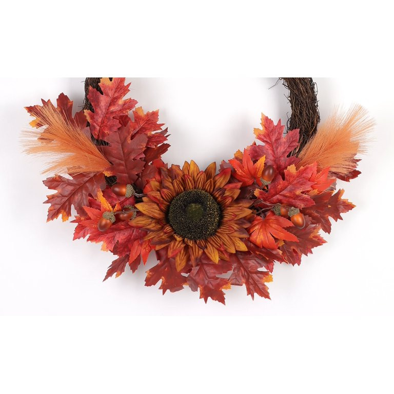 Harvest Red Sunflower and Maple Leaf Wreath, 20", by Way To Celebrate (0.6 lb) - Walmart.com | Walmart (US)