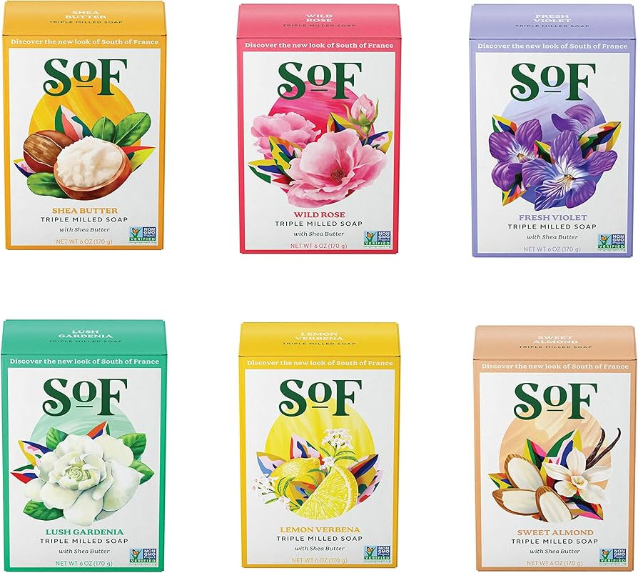 South Of France Natural Body Care Triple Milled Large 6OZ Bar Soap (Variety Pack A, 6 Bars) | Amazon (US)