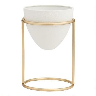 White Faux Cement Tapered Planter With Gold Stand | World Market