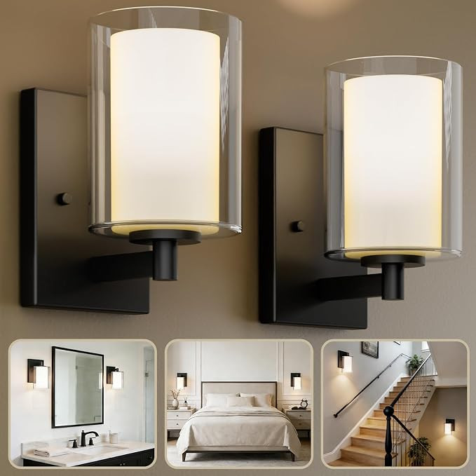 Wall Sconces Set of Two, Modern Vanity Lights with Double Clear Glass Shade Matte Black Indoor Fa... | Amazon (US)