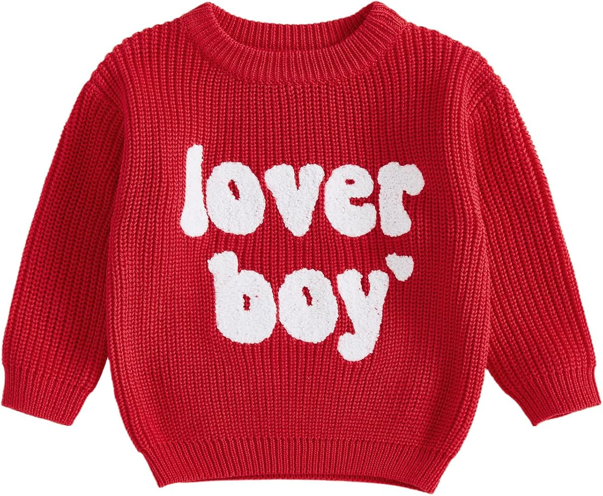 Toddler Baby Boy Valentines Clothes Lover Boy Embroidery Sweater Long Sleeve Oversized Knit Pullo... | Amazon (US)