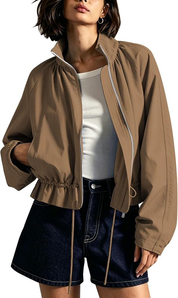 HangNiFang Women's Lightweight Cropped Jacket Zip Up Drawstring Waisted Pleated Hem Bomber Jacket... | Amazon (US)