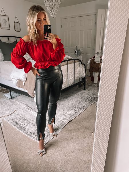 Red off the shoulder blouse, faux leather pants, bow heels, holiday outfit 

#LTKstyletip #LTKHoliday #LTKSeasonal