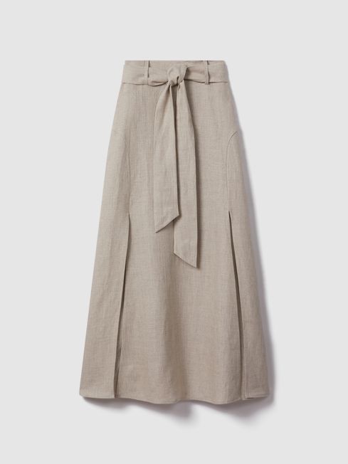 Reiss Neutral Abigail High Rise Linen Midi Skirt | Reiss UK