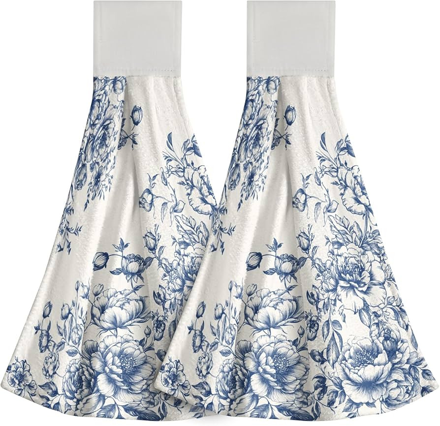 Chinoiserie Floral Hanging Kitchen Towels Set of 2,18x14 Inch Vintage Blue White Flowers Soft Abs... | Amazon (US)
