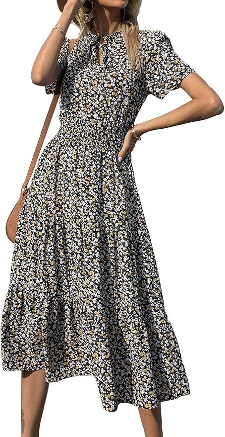 BTFBM Women Boho Floral Print Casual Dress Summer Sexy Tie V Neck Short Sleeve Vintage Elastic A-... | Amazon (US)