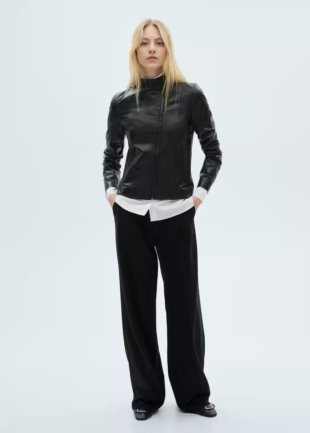 Fitted leather jacket with zip black - Woman - M - MANGO | MANGO (UK)