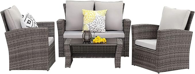 Wisteria Lane 4 Piece Outdoor Patio Furniture Sets, Wicker Conversation Set for Porch Deck, Gray ... | Amazon (US)