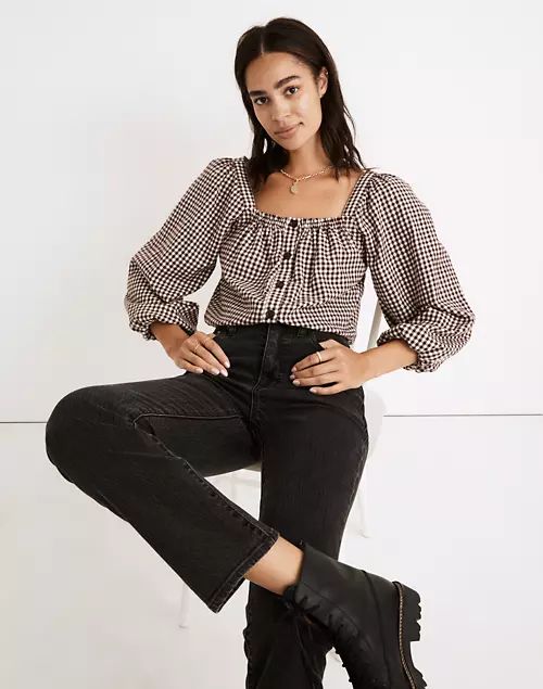 Puff-Sleeve Button-Front Crop Top in Plaid | Madewell