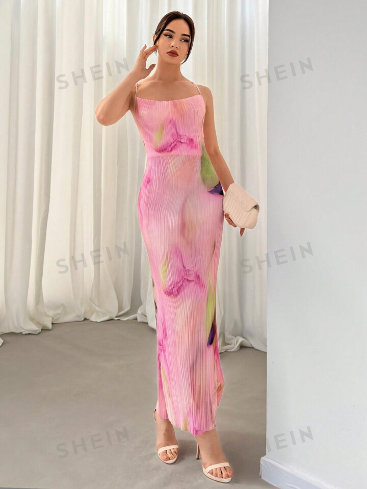 SHEIN Aloruh Elegant Tie-Dye Printed Pleated V-Neck Cross Back Long Sexy Slim Fit Dress For Sprin... | SHEIN