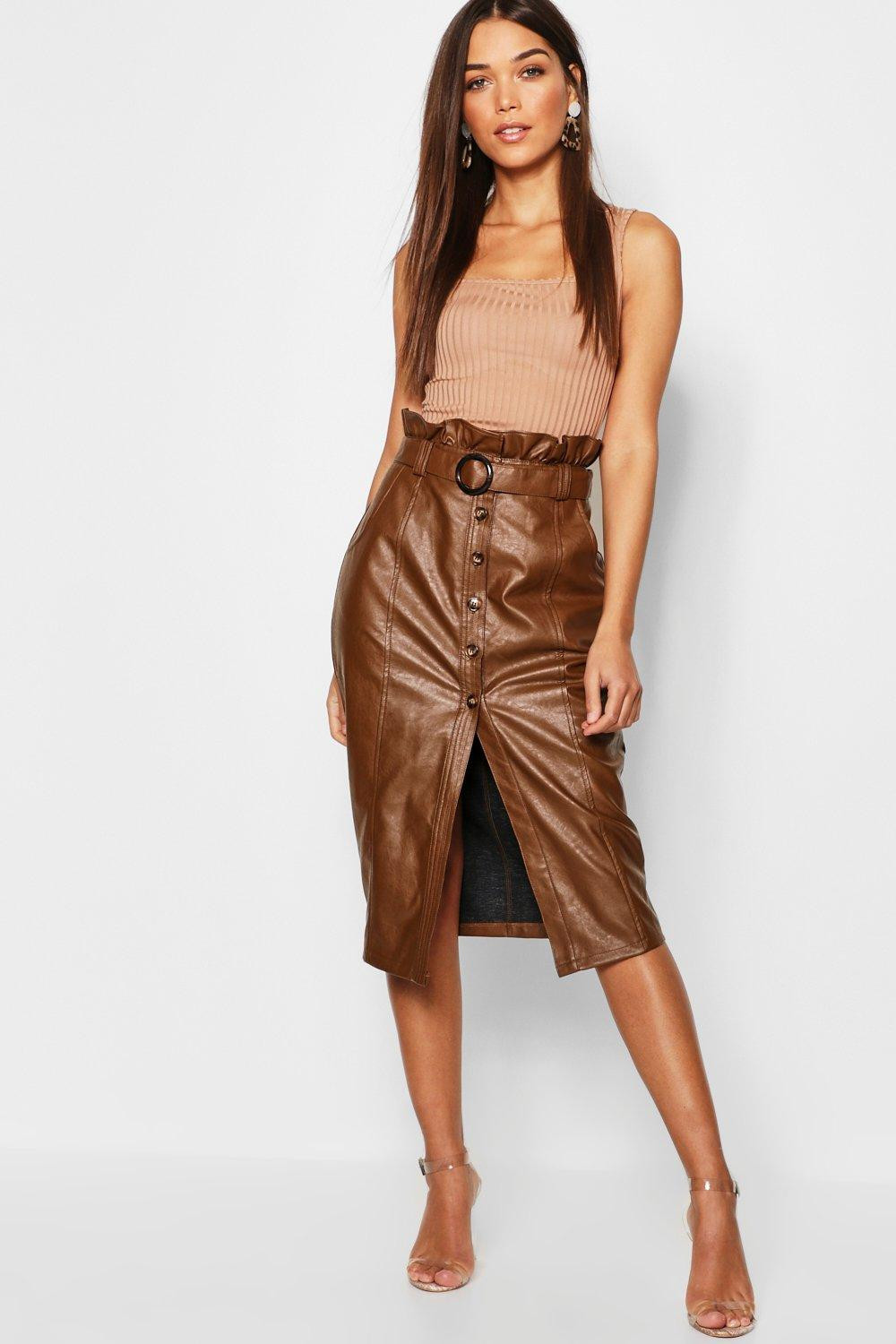 Leather Look Mock Horn Button Paperbag Midi SkirtLeather Look Mock Horn Button Paperbag Midi Skirt | Boohoo.com (UK & IE)
