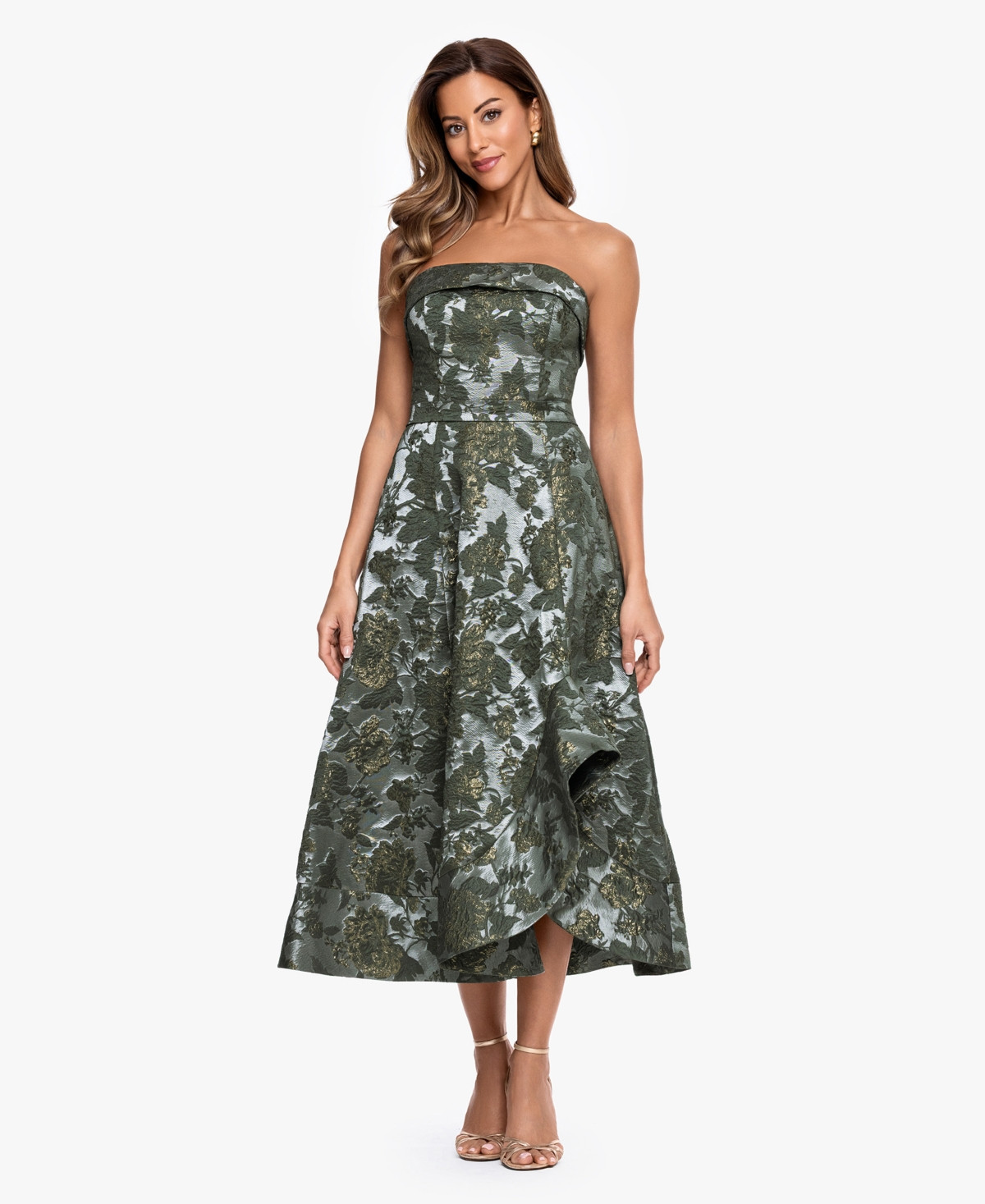 Xscape Women's Strapless Brocade Asymmetrical Hem Midi Dress - Olive/Gold | Macy's