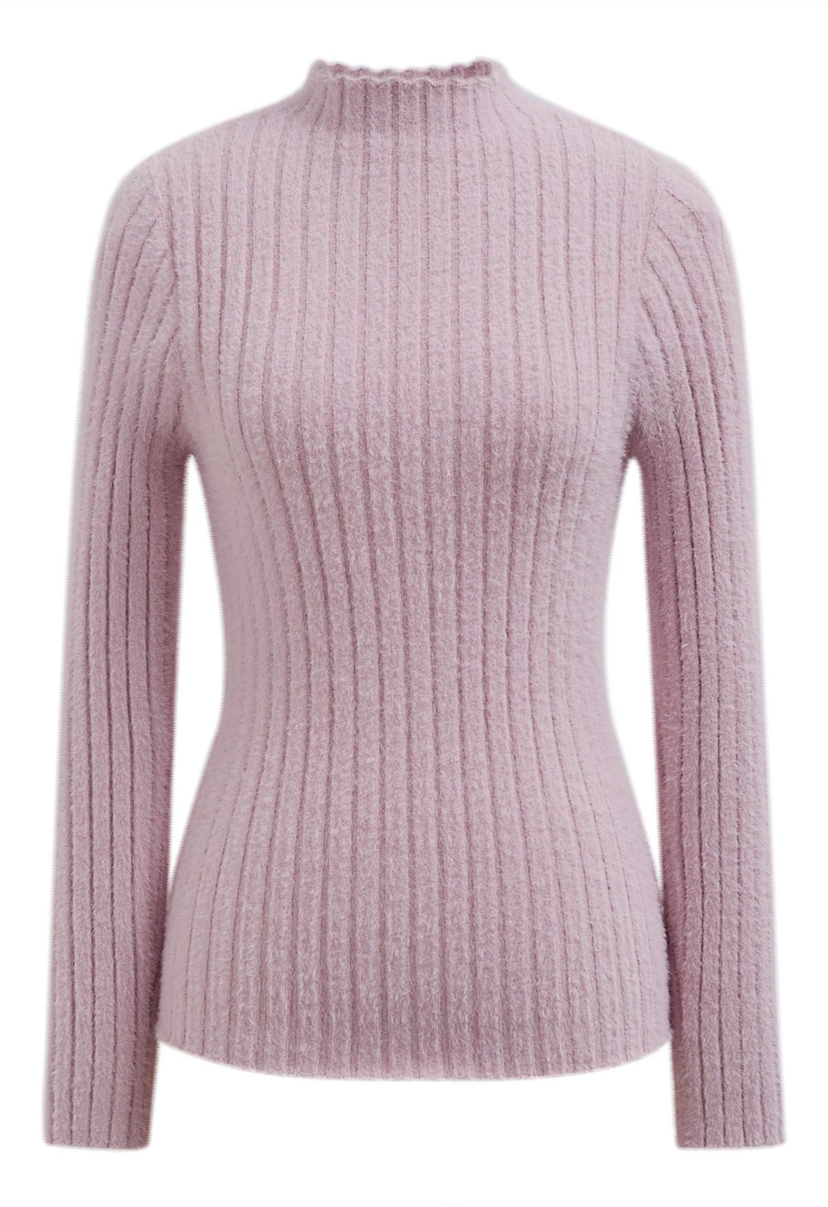 Mock Neck Fuzzy Rib Knit Top in Pink | Chicwish