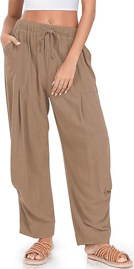 TARSE Women Linen Baggy Harem Pants Summer Drawstring Casual Lounge Pant 2024 Beach Travel Vacati... | Amazon (US)