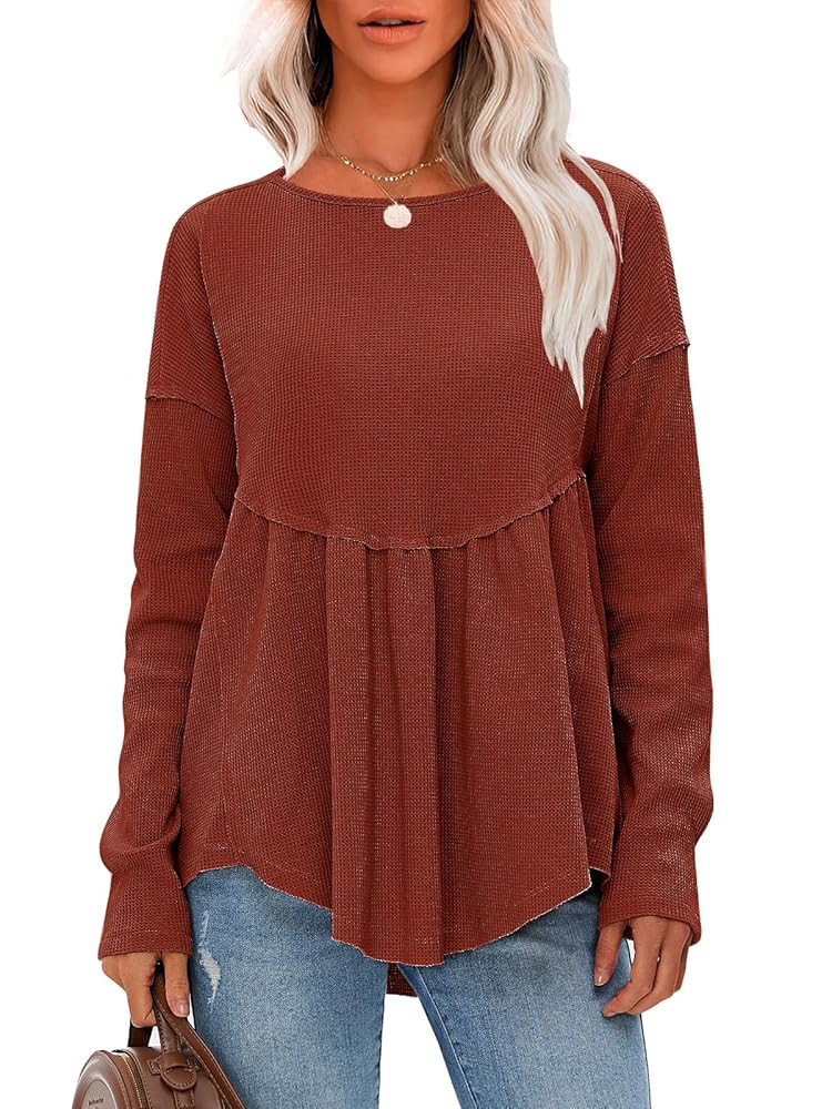EXLURA Waffle Knit Long Sleeve Shirts for Womens Crewneck Loose Babydoll Tunic Tops Maternity Top... | Amazon (US)