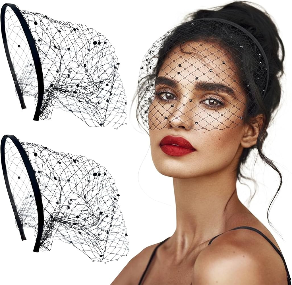 2 Pcs Black Veils, Face Mesh Birdcage Veil Headband Funeral Veil Fascinator Hats with Rhinestone ... | Amazon (US)