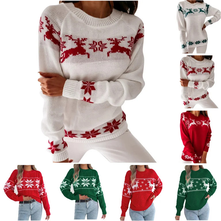 Odbmxy Pullover Christmas Sweaters for Women Long Sleeve Ladies Sweaters Holiday Knit Loose White... | Walmart (US)