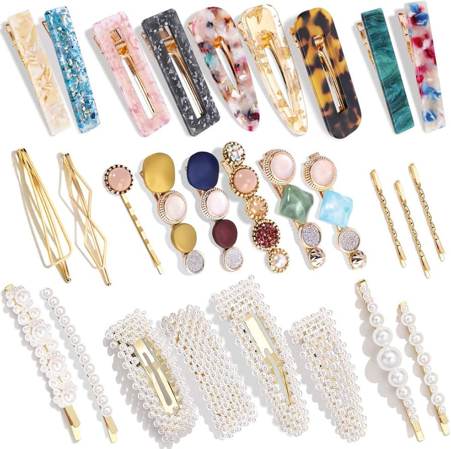 28 PCS Hingwah Pearls and Acrylic Resin Hair Clips, Handmade Hair Barrettes, Marble Alligator bob... | Amazon (US)