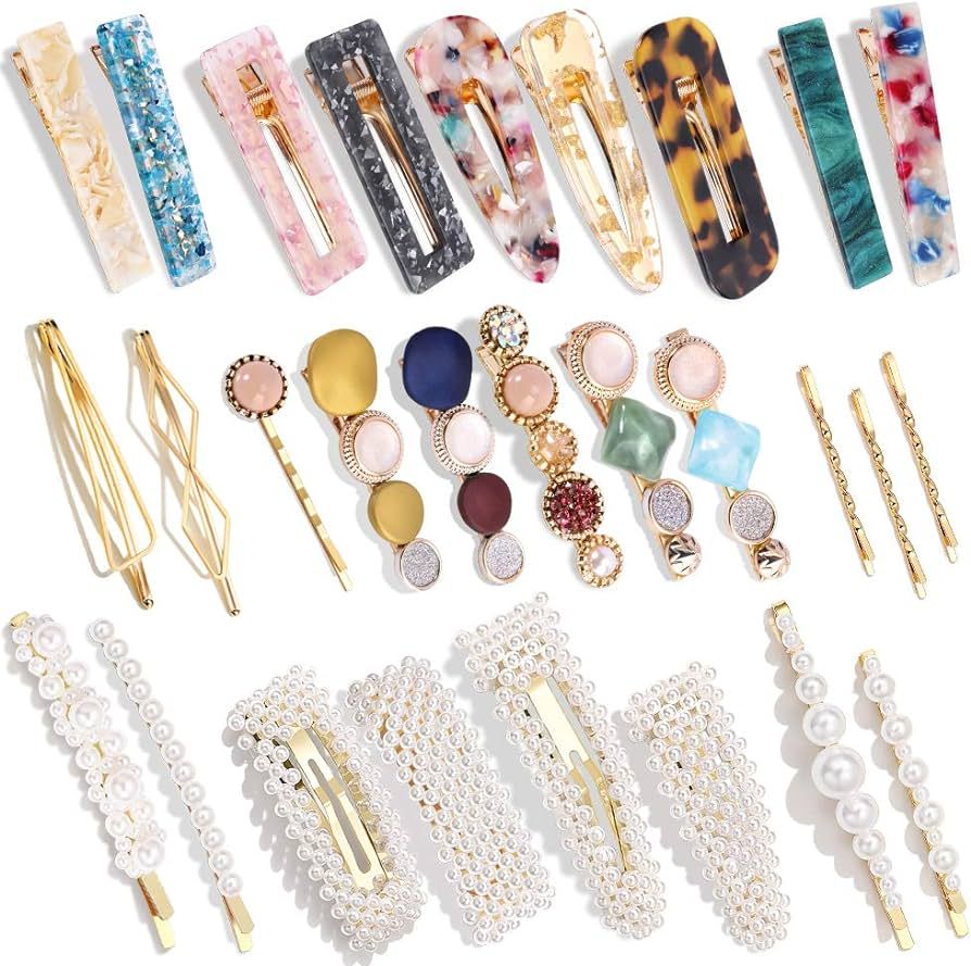 28 PCS Hingwah Pearls and Acrylic Resin Hair Clips, Handmade Hair Barrettes, Marble Alligator bob... | Amazon (US)