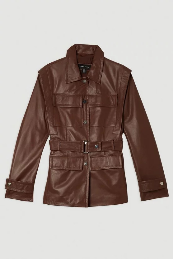 Leather Belted Shoulder Detail Tailored Jacket | Karen Millen | Karen Millen UK + IE + DE + NL