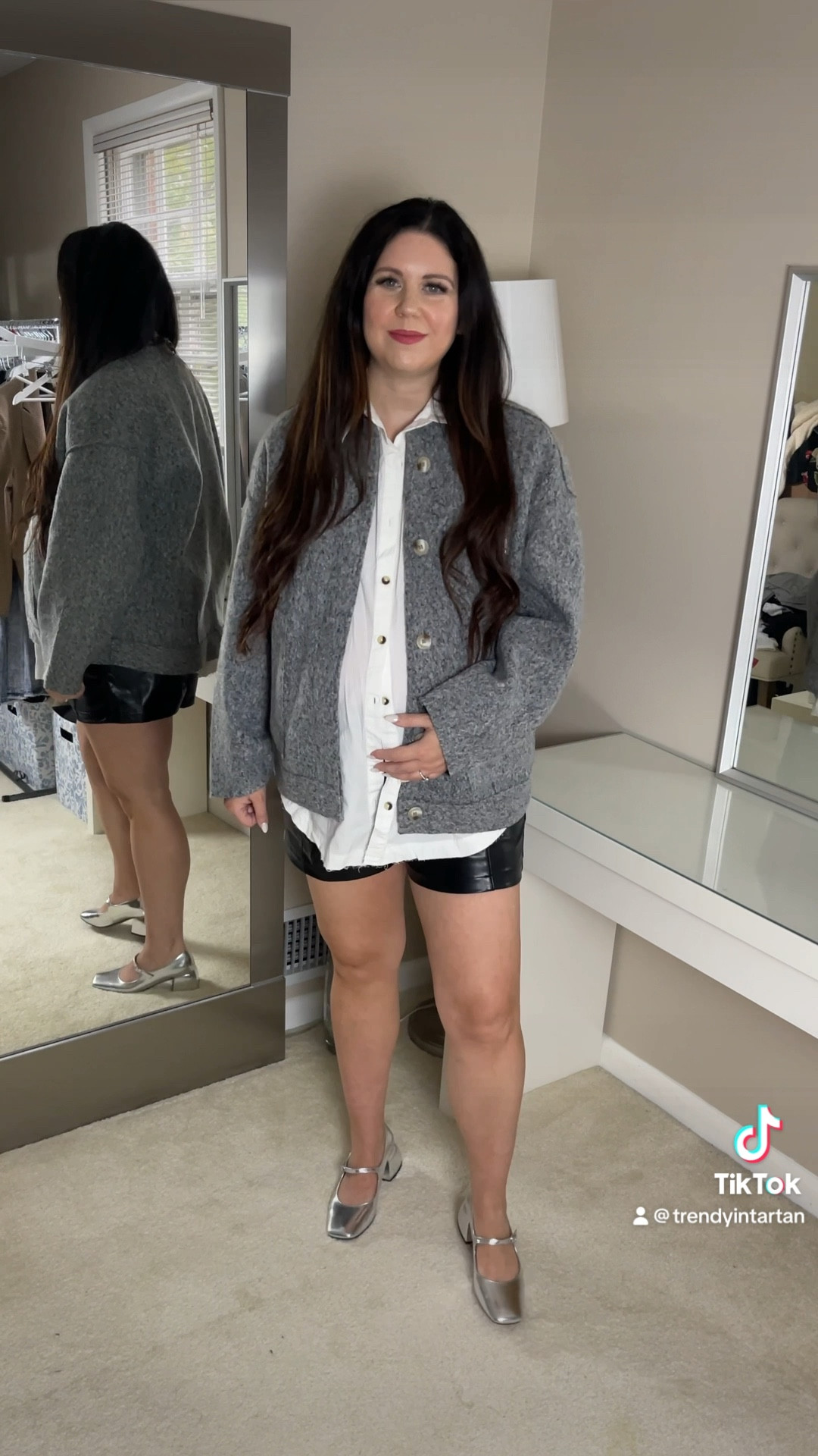 Bump friendly fall outfit!

Paired this grey bomber jacket with a white button down shirt and faux leather shorts with an elastic band. Silver metallic mary jane block heels complete the look!

Grey bomber jacket is true to size - wearing a medium
Silver metallic mary janes - recommend sizing up by 1 - I’m wearing an 8 vs my regular 7.5!
White button down and shorts are old so I linked similar options

maternity, fall shoe trends, fall outfit, ballet flats 

#LTKshoecrush #LTKSeasonal #LTKbump