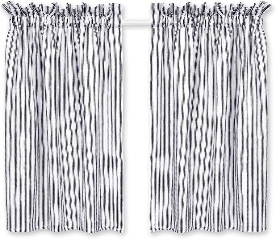 Cackleberry Home Navy Blue and White Ticking Stripe Cafe Curtains 28 Inches W x 24 Inches L Woven... | Amazon (US)