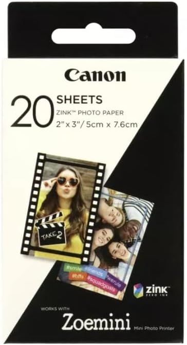 Canon Zink Photo Paper Pack, 20 sheets, White, 2" X 3". (3214C001) | Amazon (US)