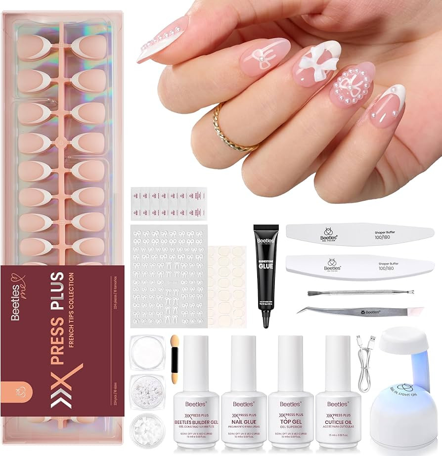 Beetles X Press Gel Nail Kit, French Tip Press On Nails Short Almond Kit with 224Pcs Nail Tips Na... | Amazon (US)
