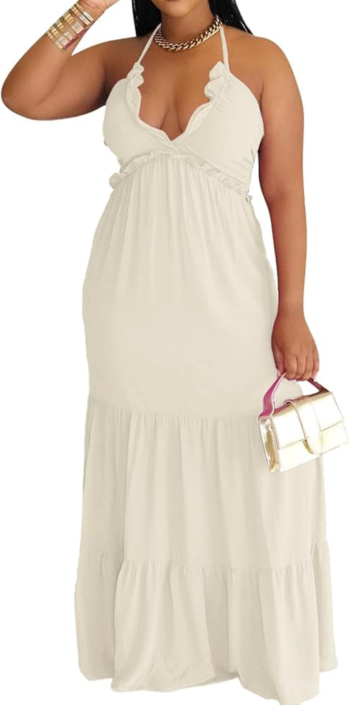 TOPSRANI Womens Sleeveless Maxi Dress Halter Casual Backless Smocked Tiered Ruffle Flowy Sexy Sli... | Amazon (US)