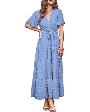 MASCOMODA Womens Boho Swiss Dot Maxi Dresses Wrap V Neck Flutter Short Sleeve Solid Tie Belt A Li... | Amazon (US)