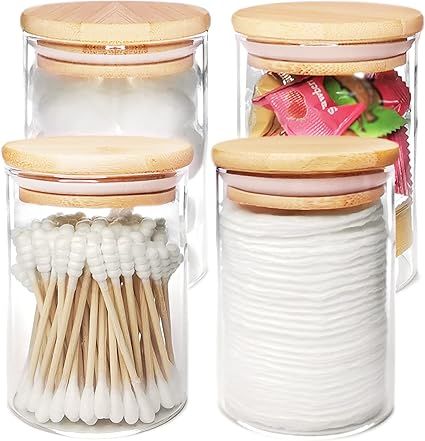 ZYIGYI Glass Qtip Holder with Wood Lids, 10 oz Apothecary Jars Cotton Swabs Dispenser, Cotton Pad... | Amazon (US)