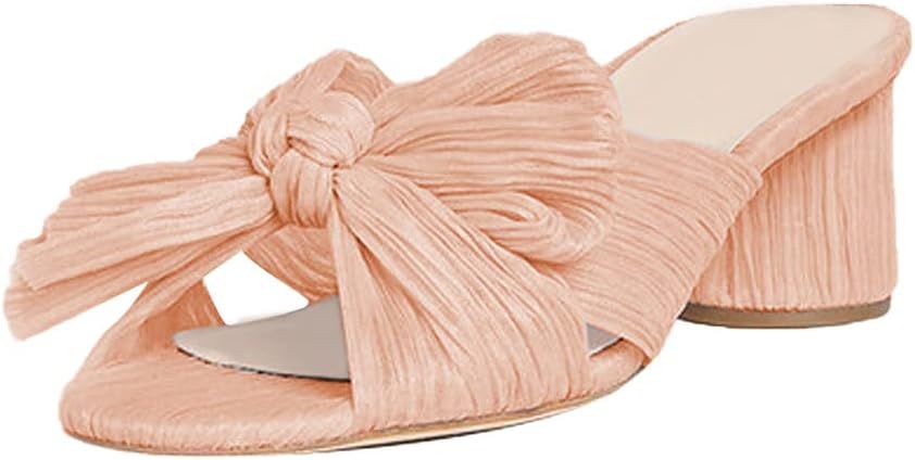 Vimisaoi Chunky Block Heeled Sandals for Women Comfortable Slip On Open Toe Pleated Bow Heel Sand... | Amazon (US)