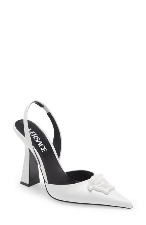 Versace La Medusa Slingback Pointed Toe Pump in Optical White at Nordstrom, Size 8.5Us | Nordstrom