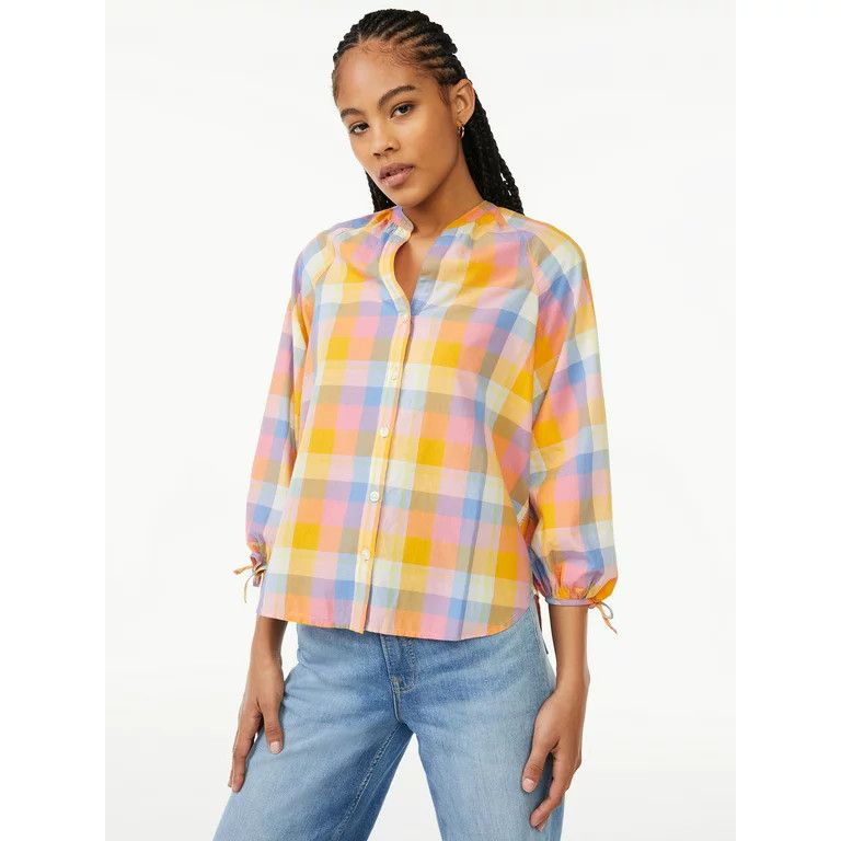Free Assembly Women's Button Down Top with 3/4-Length Tie Sleeves | Walmart (US)