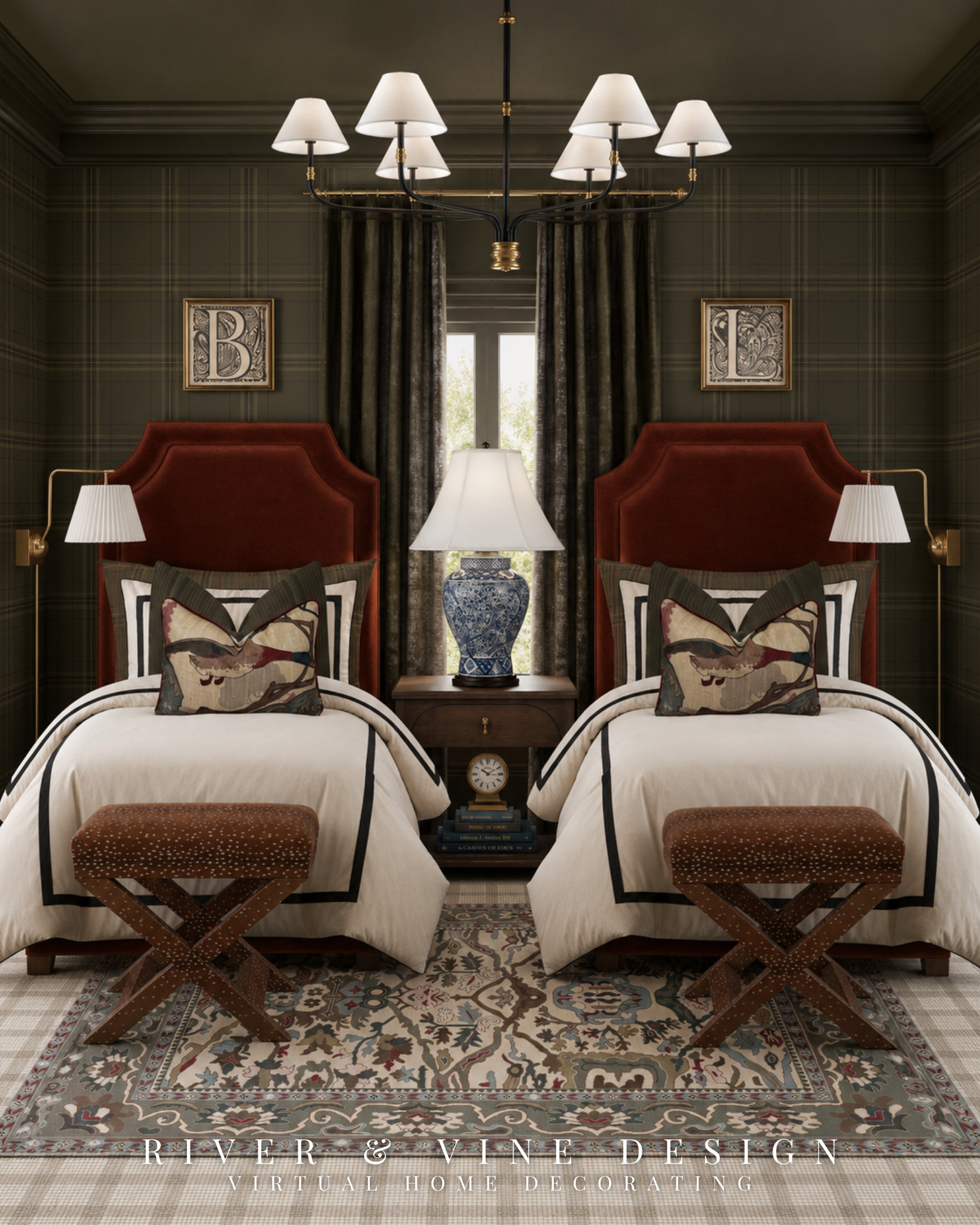 A shared bedroom can feel polished and grown-up without losing its personality.

The secret is repetition: matching upholstered twin beds, coordinated bedding, identical stools, and balanced lighting create structure, while the deep plaid wallpaper, rust velvet, equestrian pillows, and layered vintage-style rug keep the room from feeling overly matched. This is a great formula for a guest room, boys’ bedroom, or sophisticated bunk room that needs to feel collected rather than themed.

Would you use this rich, traditional color palette in a bedroom?

Traditional bedroom design, twin bedroom ideas, plaid wallpaper, equestrian decor, layered rugs, rust velvet beds, classic English interiors, designer bedroom inspiration.

Affiliate links may earn me a commission at no additional cost to you.

#LTKHome
