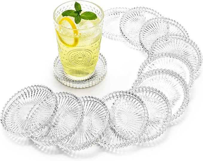 Elsjoy 12 Pack 4 Inch Modern Clear Coaster Set, Round Pillar Candle Holder Plates, Clear Crystal ... | Amazon (US)