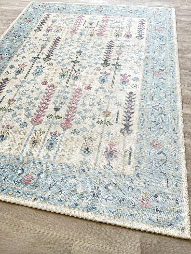 Cream Blue Oushak Rug, Modern, Vintage, Turkish, Eclectic, Floral, Pastel, Washable, Large Area R... | Amazon (US)