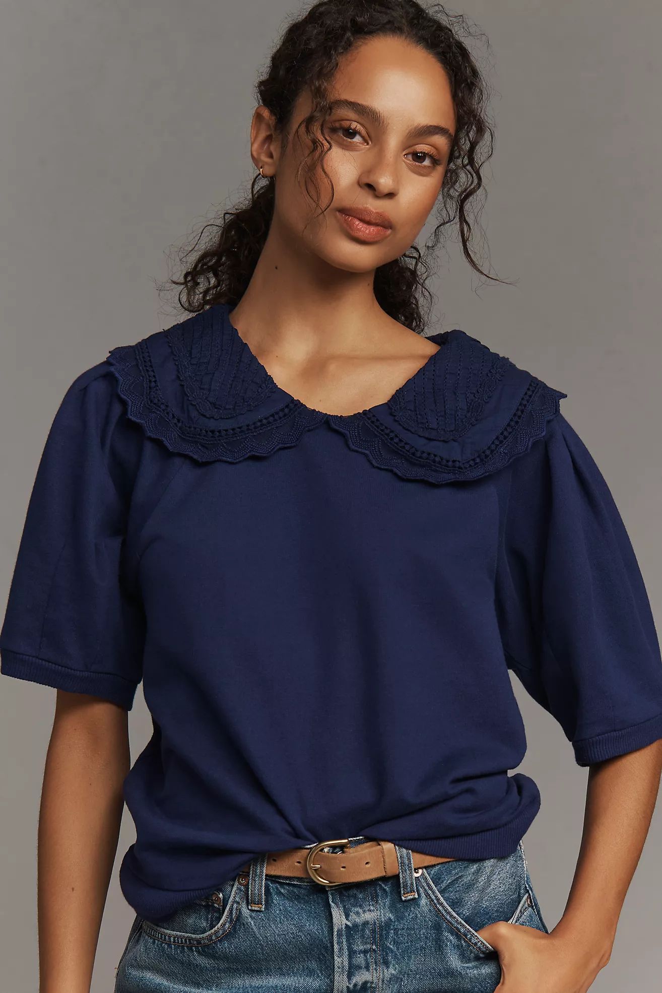 Maeve Short-Sleeve Embellished-Collar Top | Anthropologie (US)