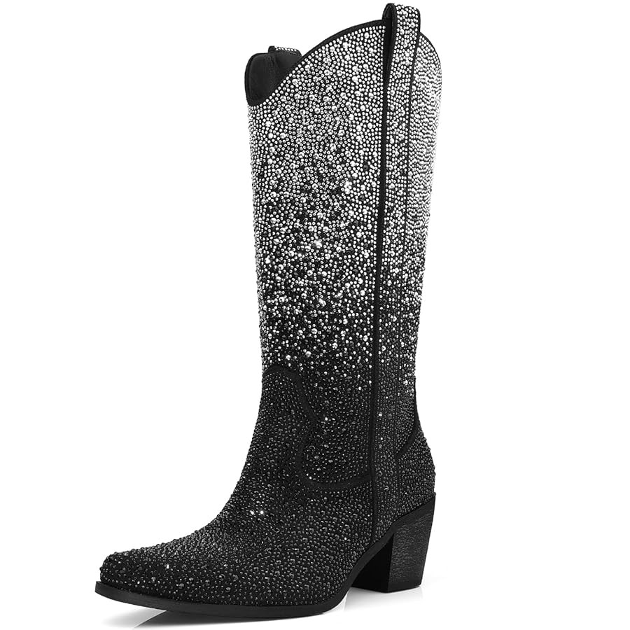 Rhinestone Cowboy Boots for Women Wide Calf Sparkly Cowgirl Boots Mid Calf Pointed Toe Block Heel... | Amazon (US)
