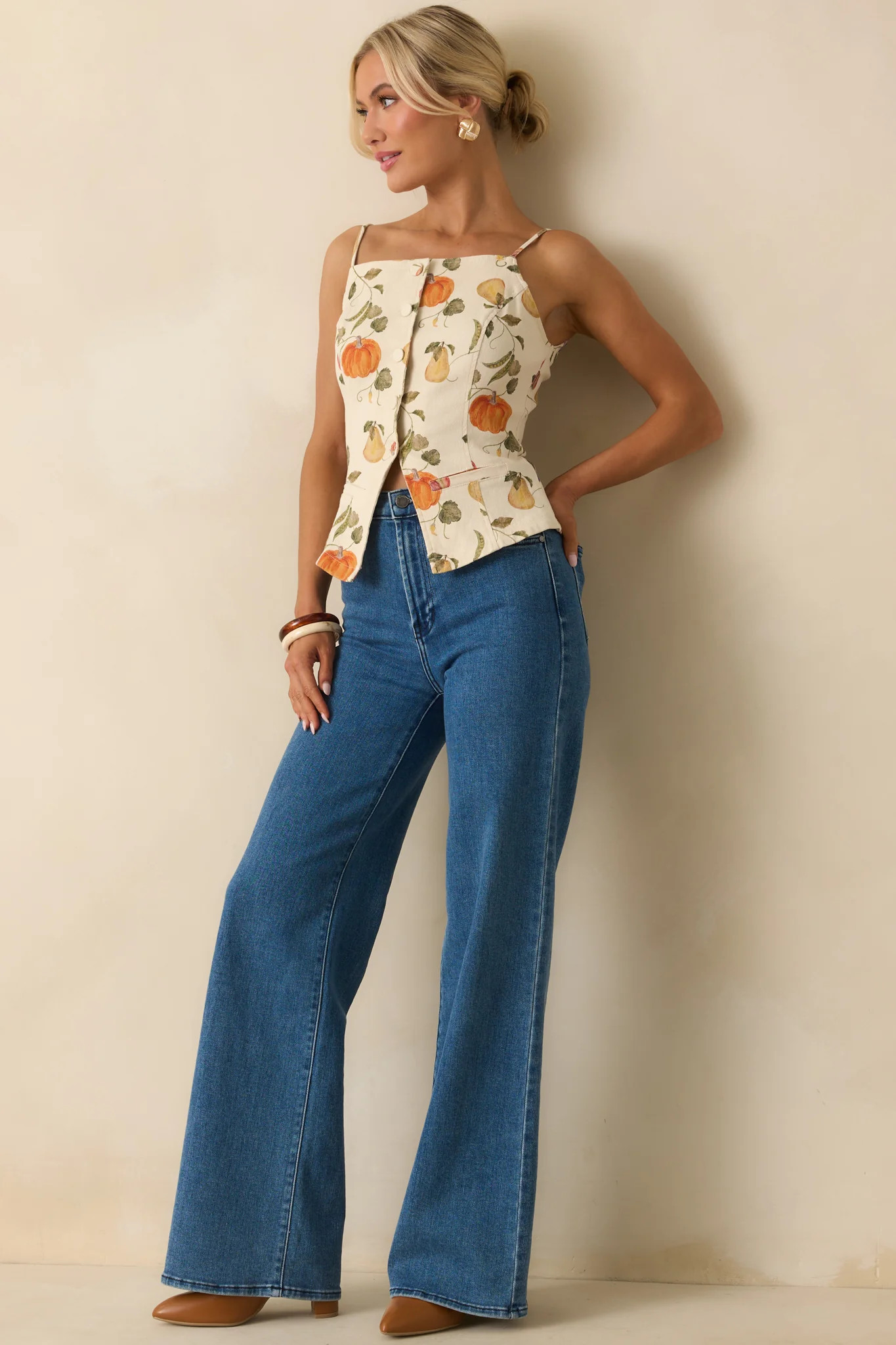 Living Life Slowly Ivory Multi Vegetable Print Cotton Button Up Top | Red Dress