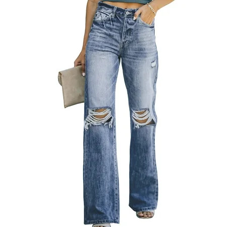 FARYSAYS Women Mid Rise Distressed Flare Jeans Ripped Hole Denim Pants | Walmart (US)