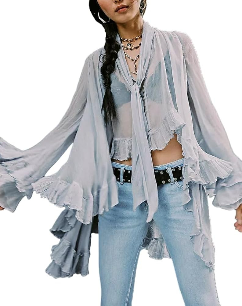 Seyumixi Blusa de malla transparente para mujer, manga larga acampanada, dobladillo alto y bajo, ... | Amazon (US)