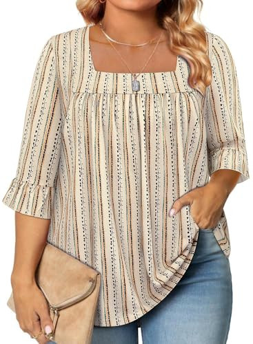 Siddhe Womens Plus Size Blouses Dressy Casual, Plus Size Womens 3/4 Sleeve Tops Loose Fit Square Neck for Spring Tunic Tops Plus Size Boho Shirts for Women 2025 Business Casual Tops, Beige Stripe, 4XL | Amazon (US)