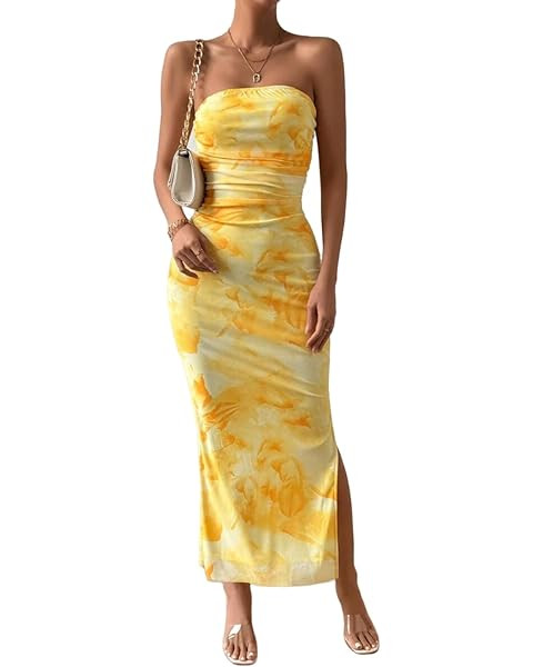 Milumia Women's Printed Strapless Tube Top Long Dress Slit Hem Sleeveless Bodycon Maxi Dresses | Amazon (US)